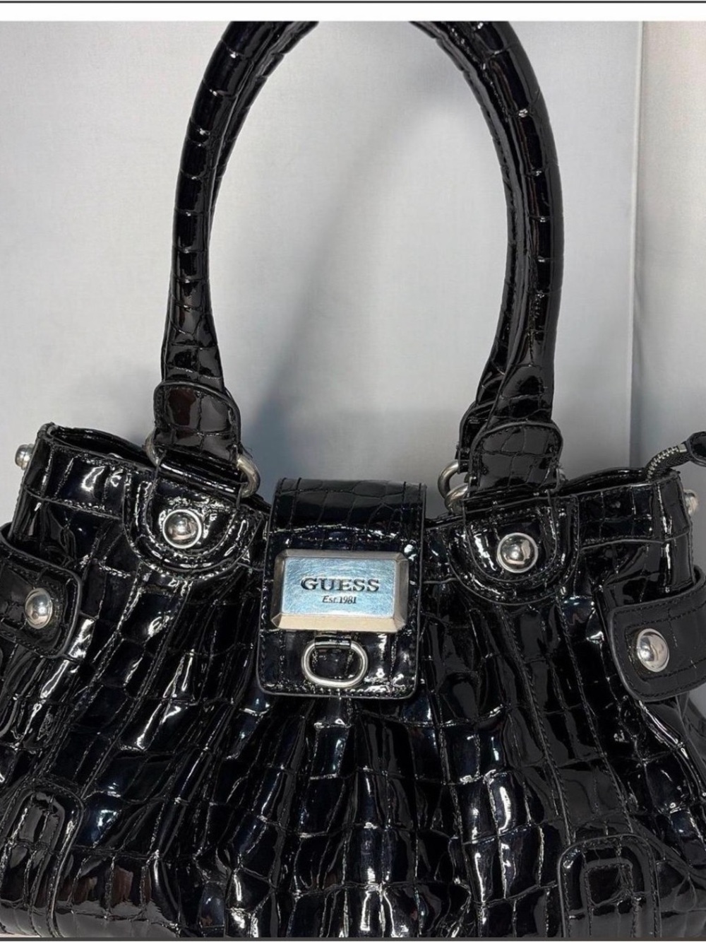 GUESS Black Croc-Embossed Patent Shoulder Bag with Silver Hardware
